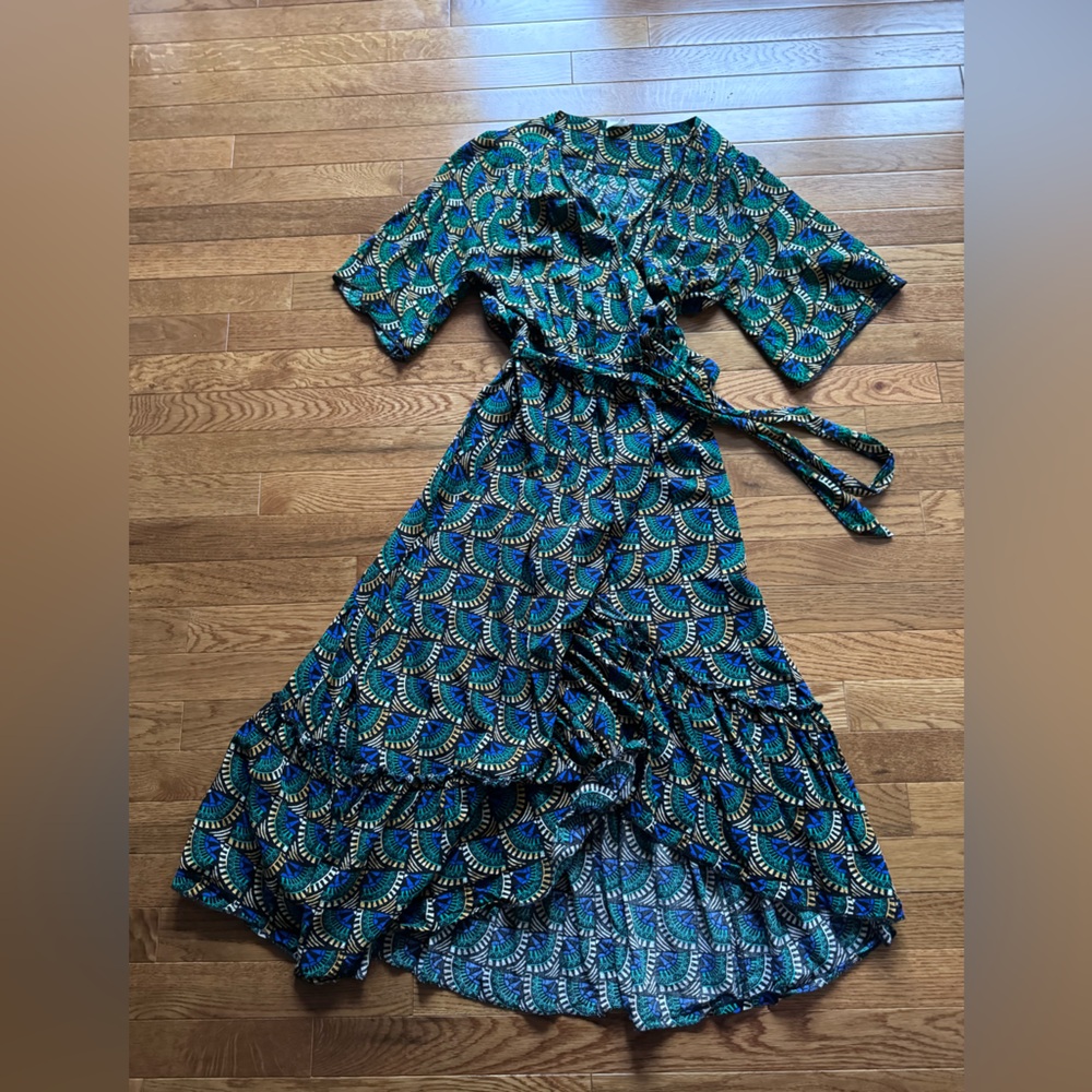 Silk & Salt Viscose Midi Wrap Dress with Ruffle Hem